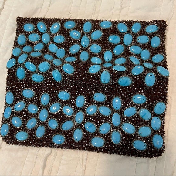 Moyna Anthropologie Beaded Clutch Turquoise Beads on Brown Beaded background - Picture 4 of 12